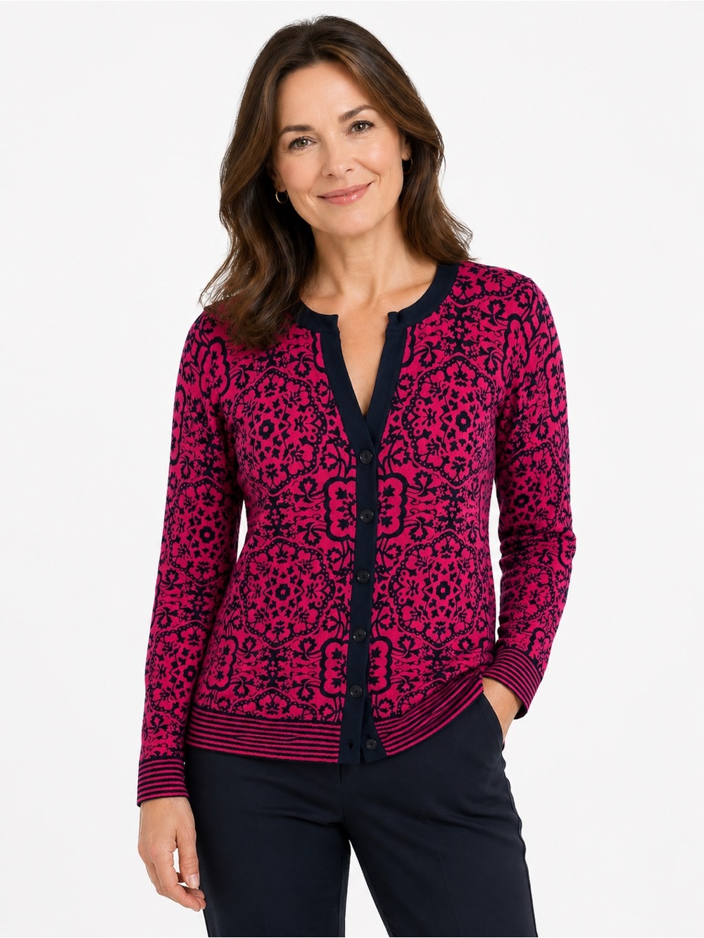 Womens Patterned Cardigan Sweater M Black Pink Retro Casual Everyday Fall Winter